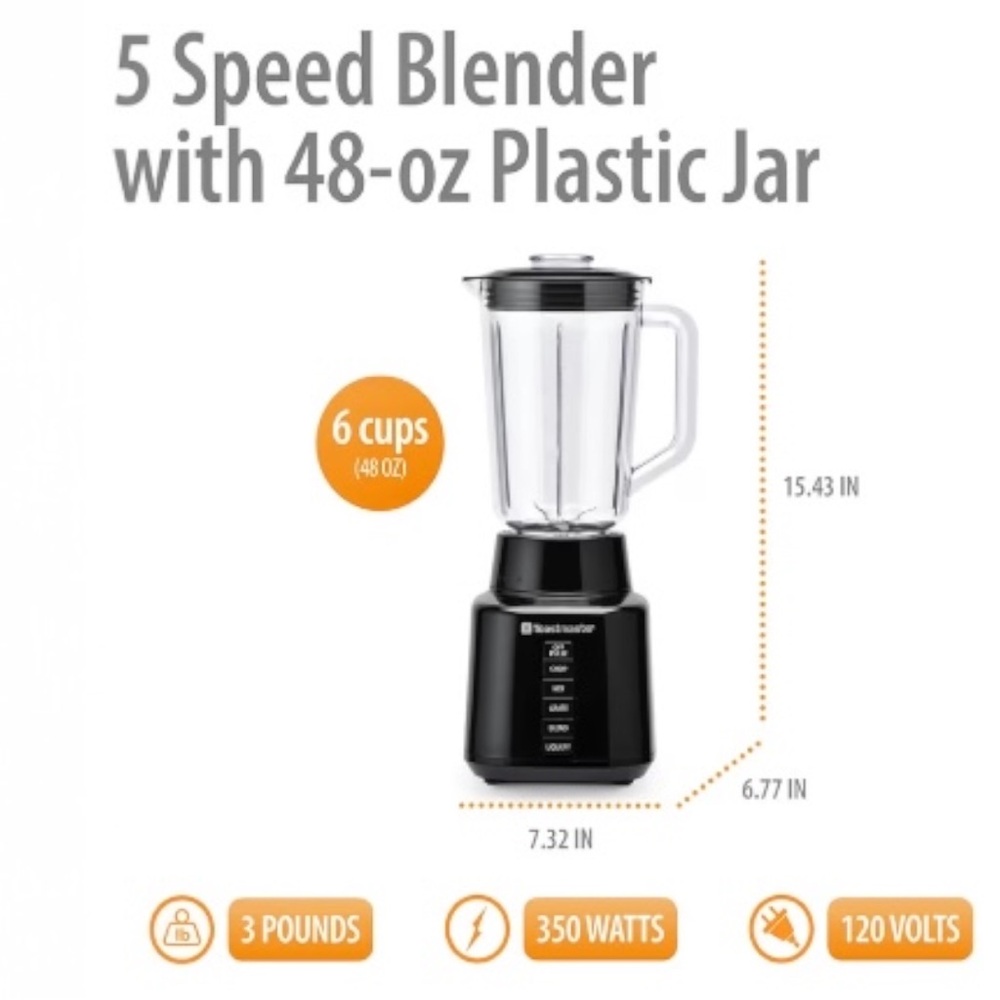 Toastmaster 5 Speed Blender with 48-oz Plastic Jar with Stainless Steel Blades - Picture 3 of 7
